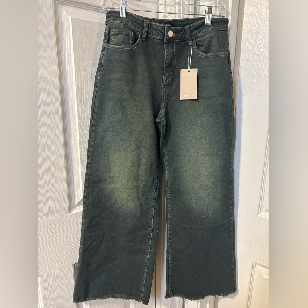 Flamingo Wide Leg Mid Waist Dark washed Charcoal Indigo Jeans Size Medium 28